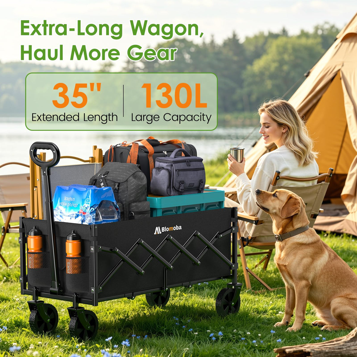 35" Extra Long Folding Wagon with Adjustable Handle & Wheels, Black B87500