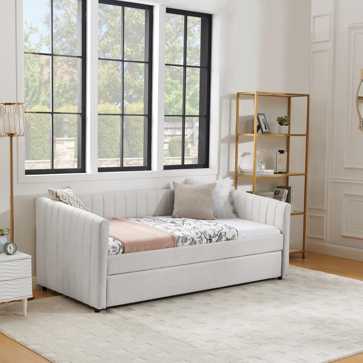 Twin Size Upholstered Linen Daybed with Trundle Y290657