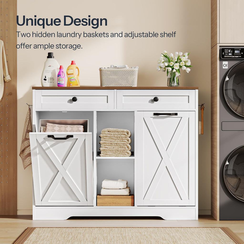 White and Walnut 23 Gallon Laundry Hamper Cabinet with 2 Drawers O12173