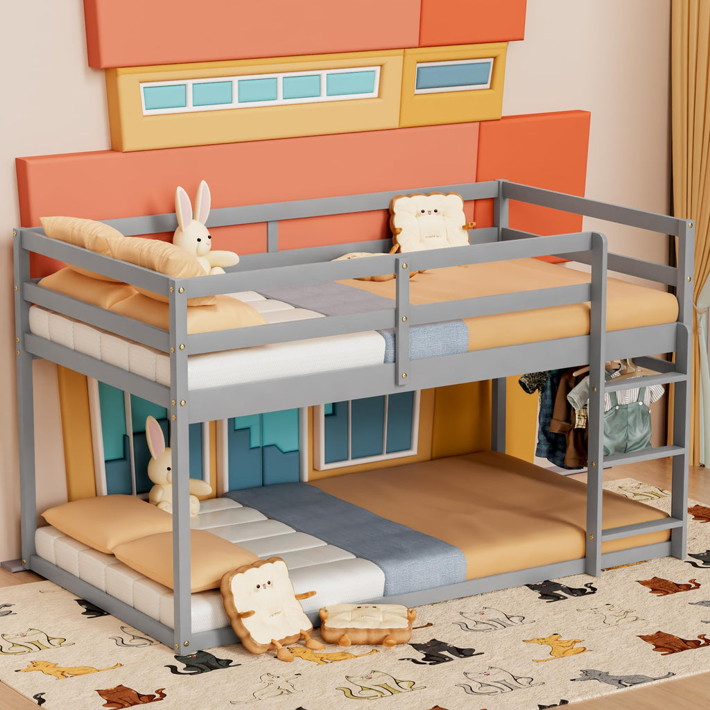 Low Twin Over Twin Wooden Bunk Bed with Ladder and Guardrails Q610992