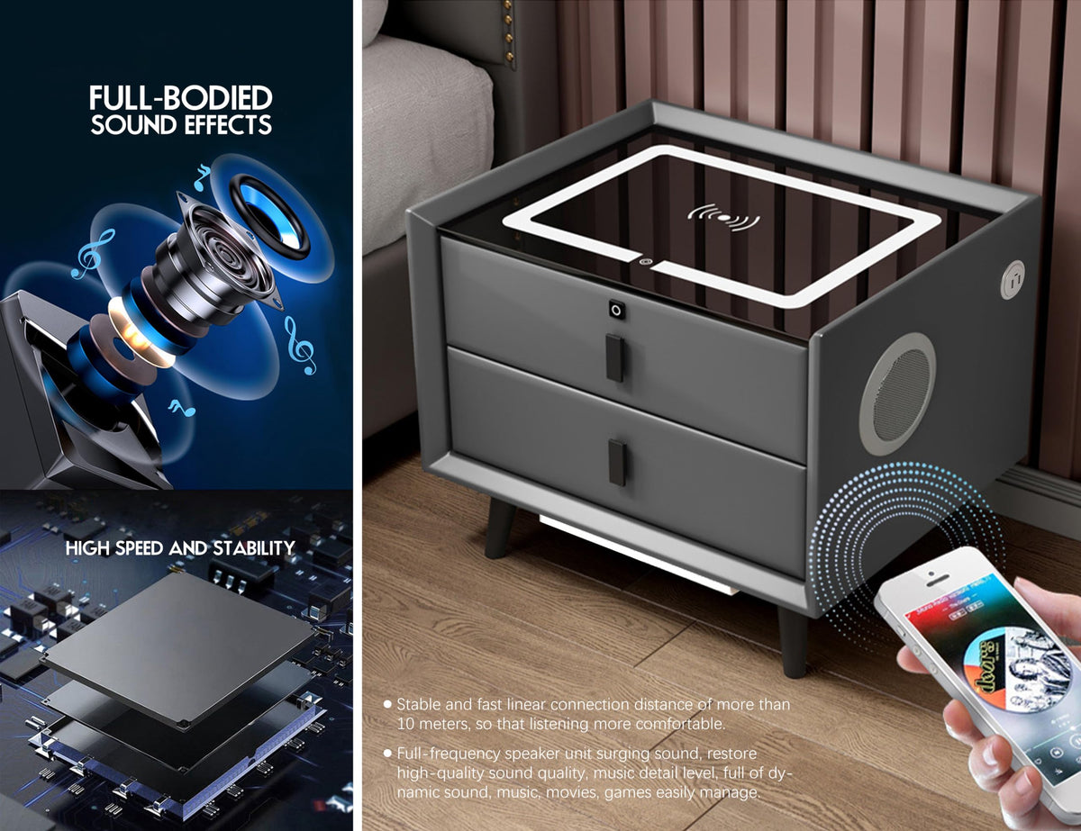 Grey Three Drawers Nightstand with Fingerprint Lock and Wireless Charging E54195