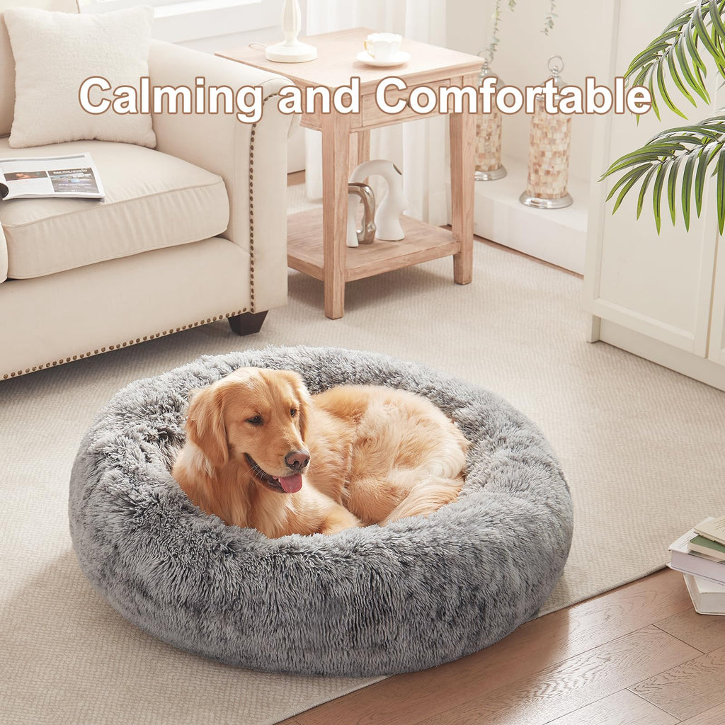 36 inches Faux Fur Fluffy Donut Dog Bed Dark Grey F218