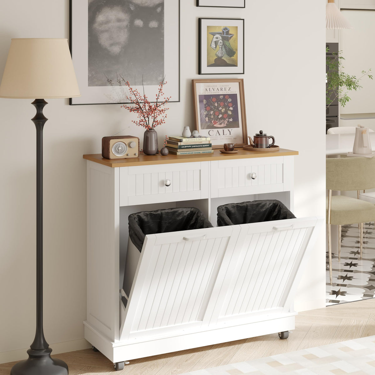 White 20 Gallons Tilt-Out Trash Can Cabinet D5735