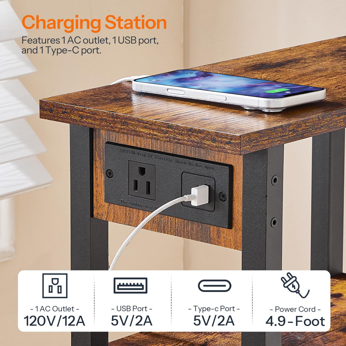 Narrow 3-Tier Side Table with Charging Station Y8924
