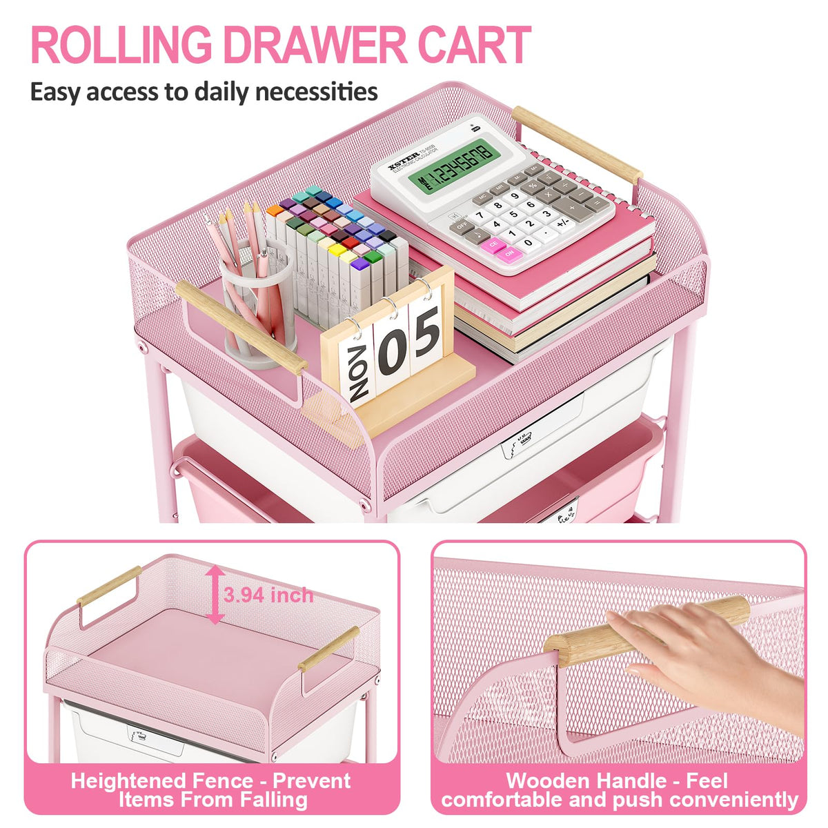 4-Drawer Rolling Storage Cart with Mesh Top F259