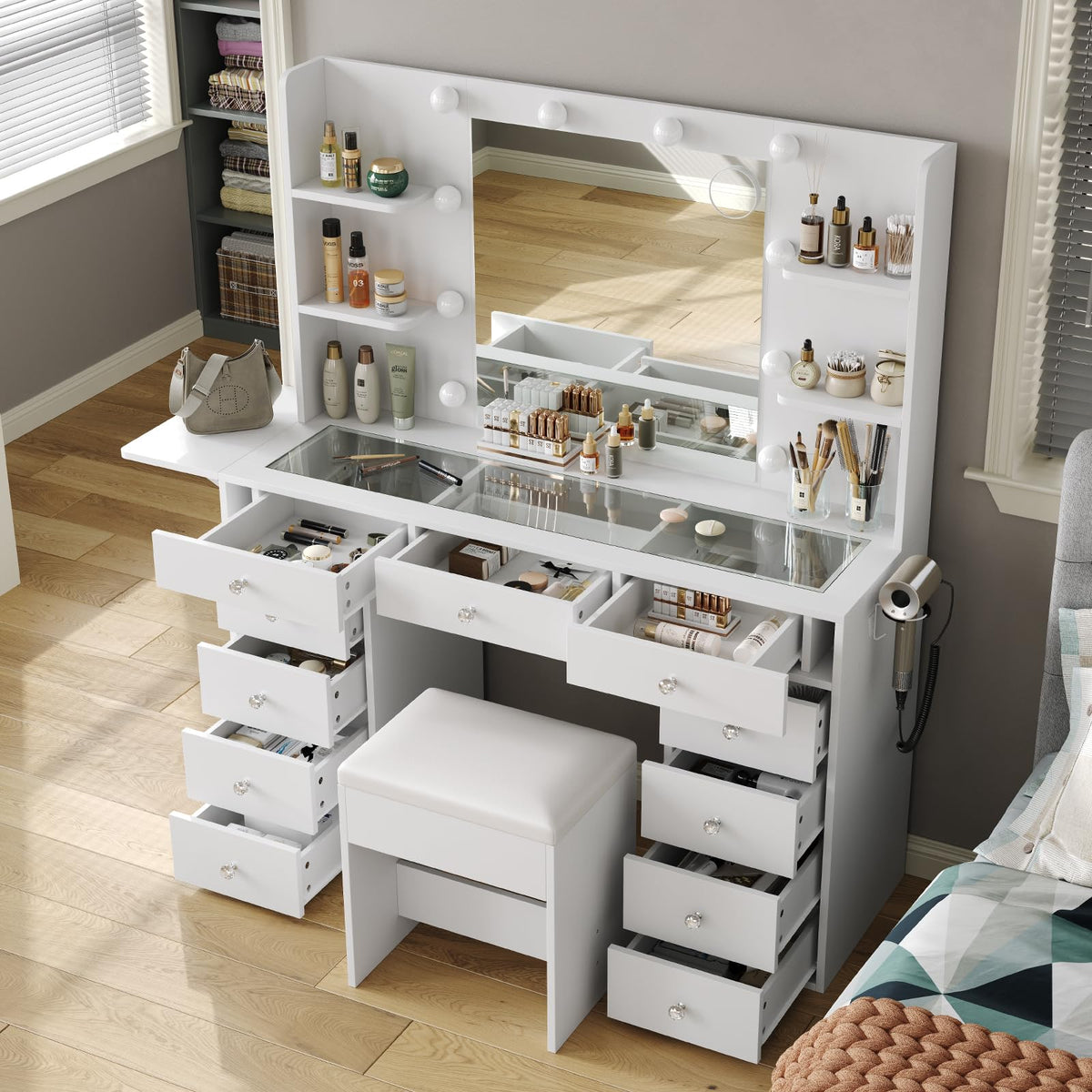 Vanity Desk with Mirror and 12 LED Lights, 11 Drawers & 4 Shelves P860501