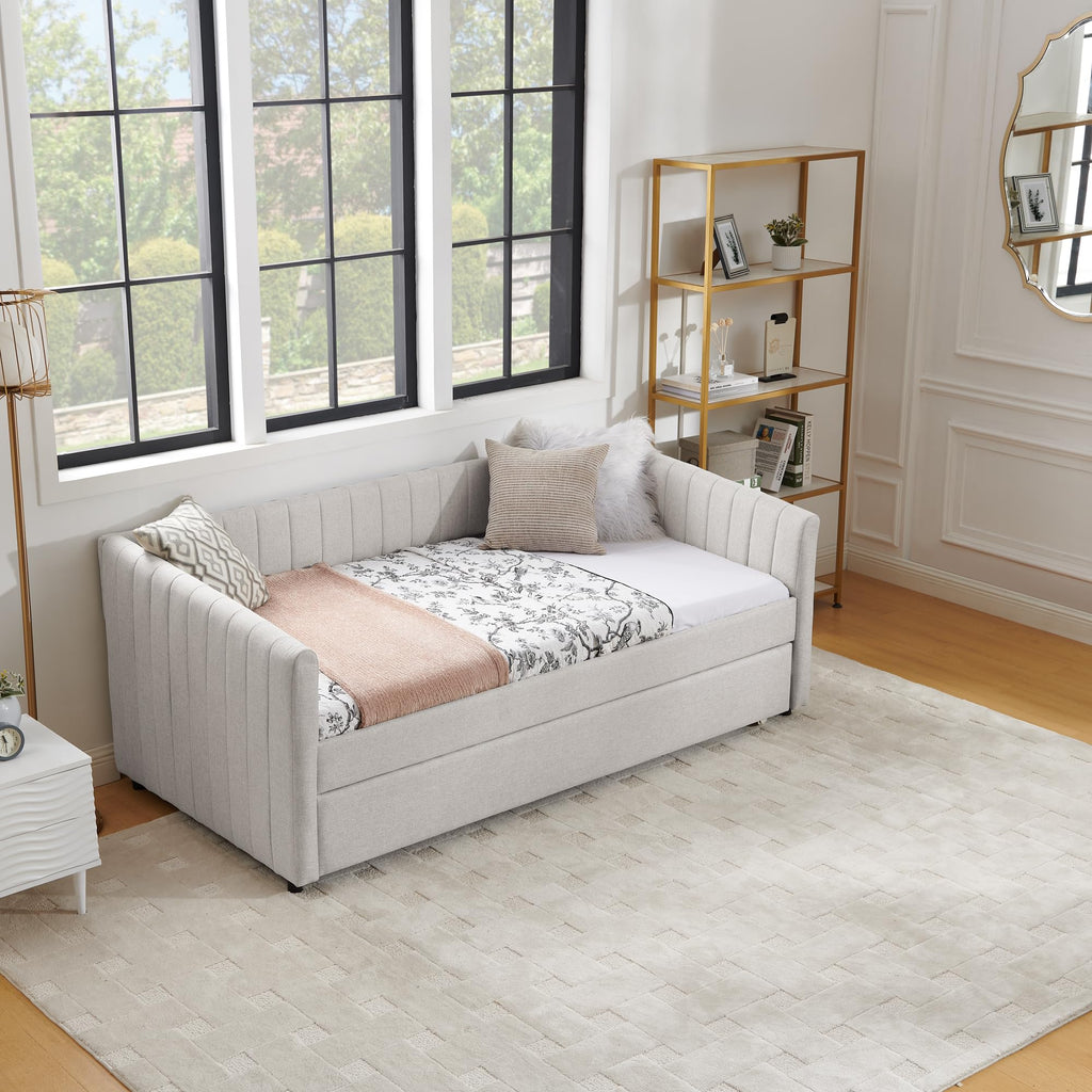 Twin Size Upholstered Linen Daybed with Trundle Y290657
