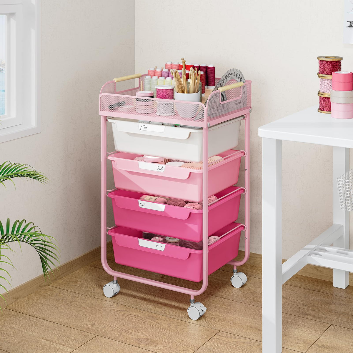 4-Drawer Rolling Storage Cart with Mesh Top F259