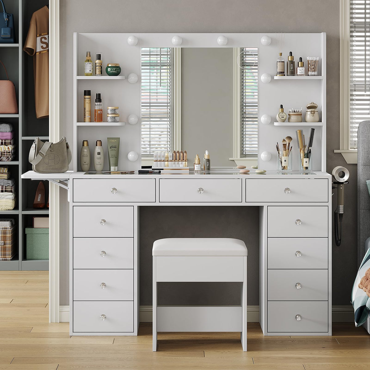 Vanity Desk with Mirror and 12 LED Lights, 11 Drawers & 4 Shelves P860501