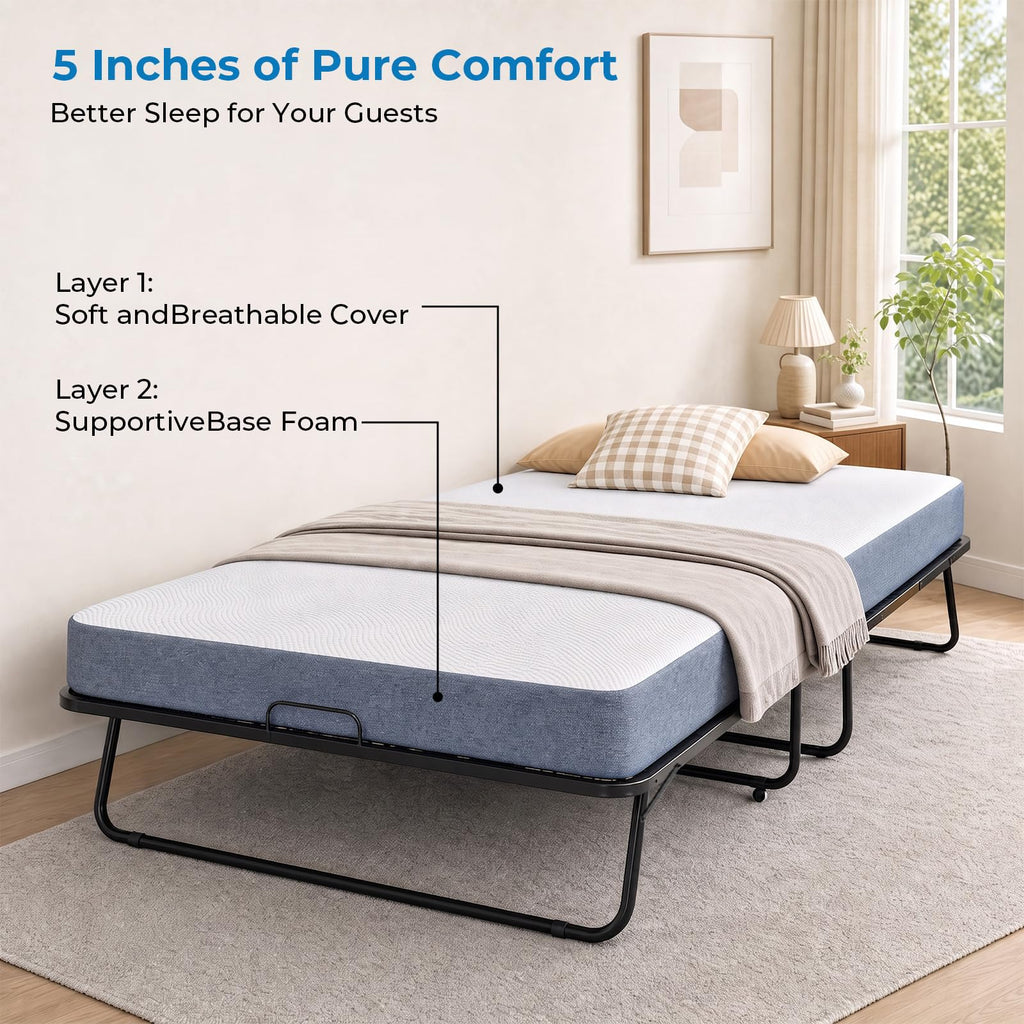 Folding Bed with 5" Foam Mattress Queen Size Metal Frame Y44022