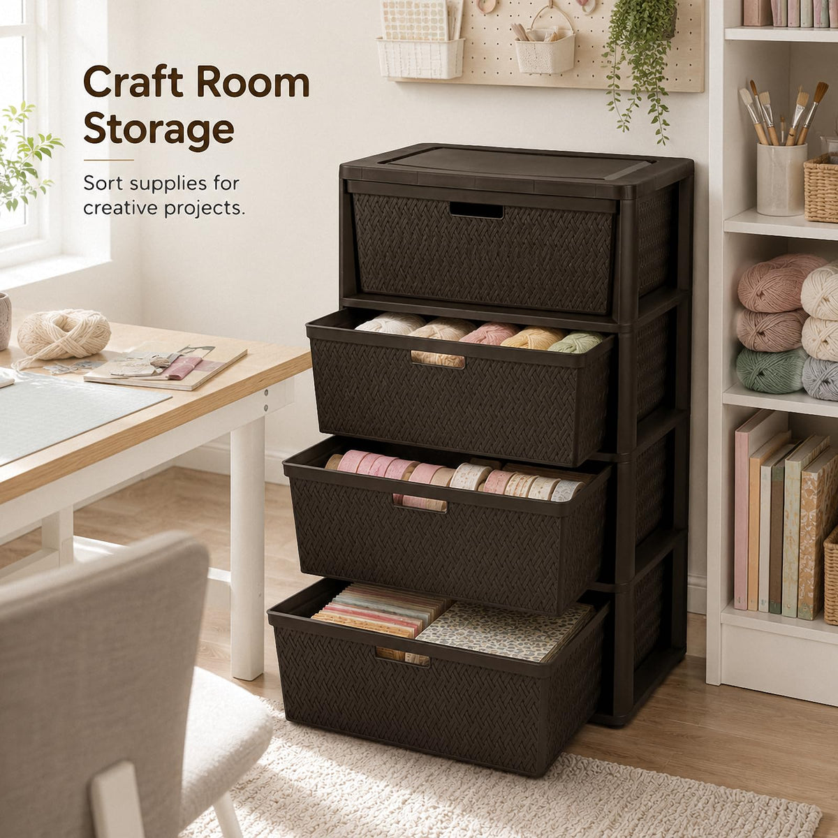 Brown 4 Drawer Plastic Storage Tower T26663