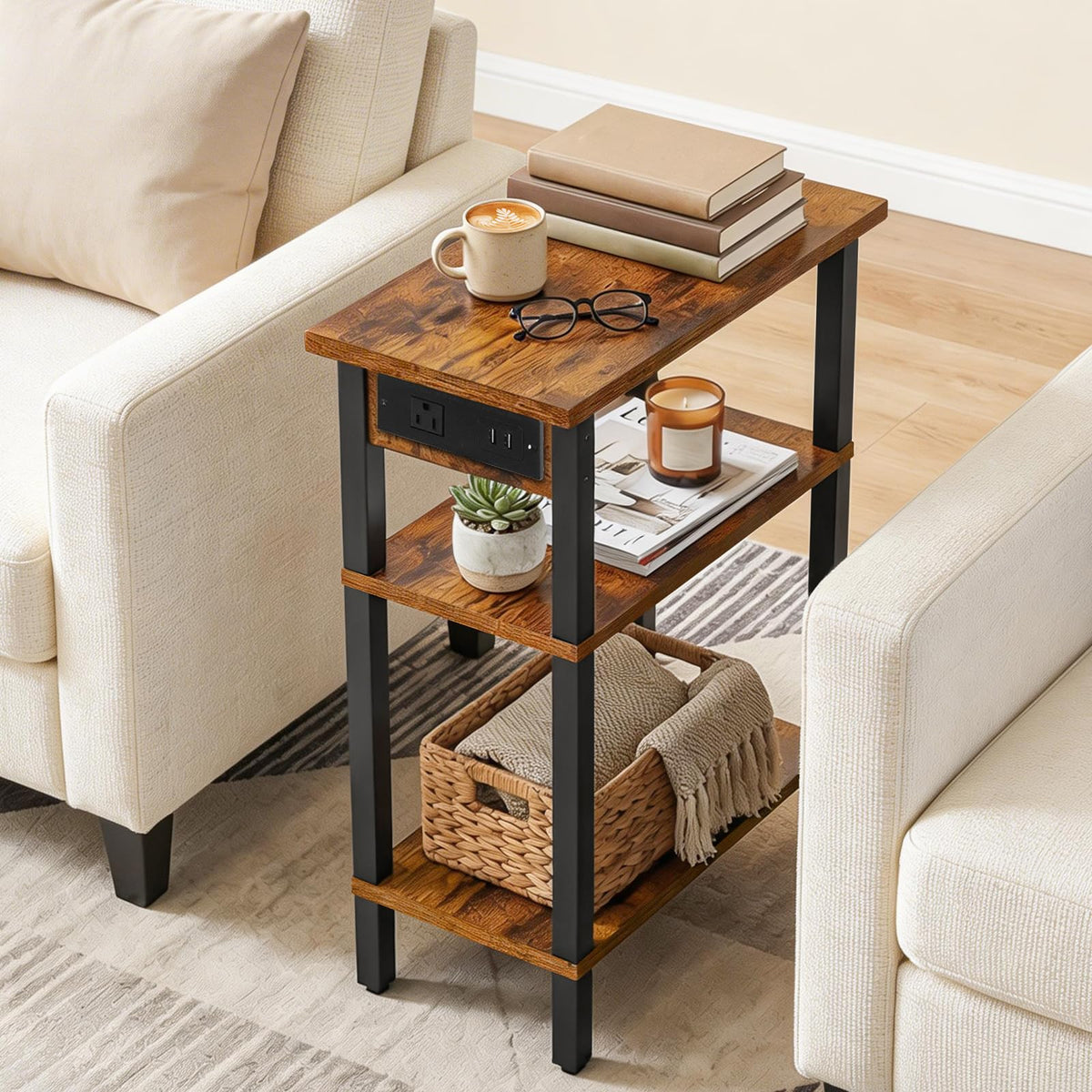 Narrow 3-Tier Side Table with Charging Station Y8924