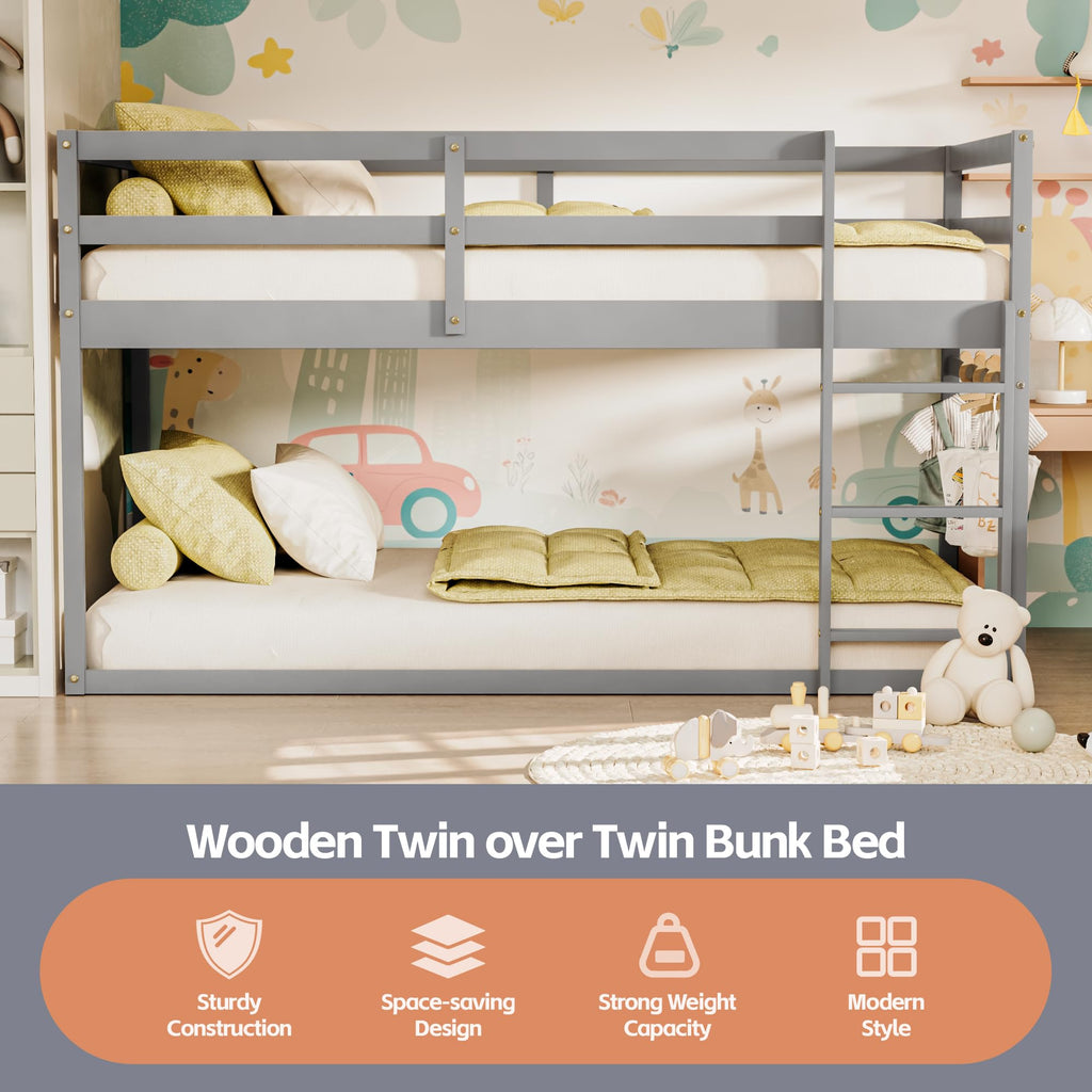 Low Twin Over Twin Wooden Bunk Bed with Ladder and Guardrails Q610992