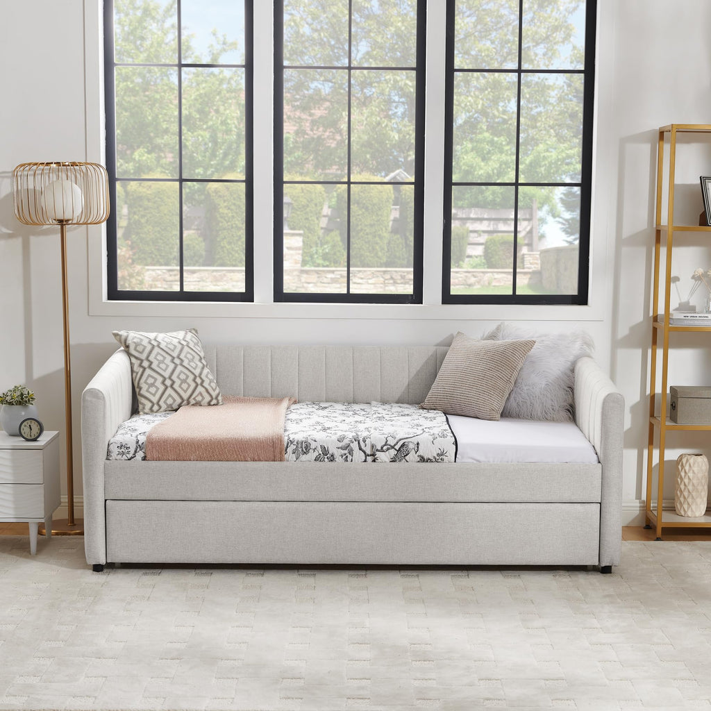 Twin Size Upholstered Linen Daybed with Trundle Y290657