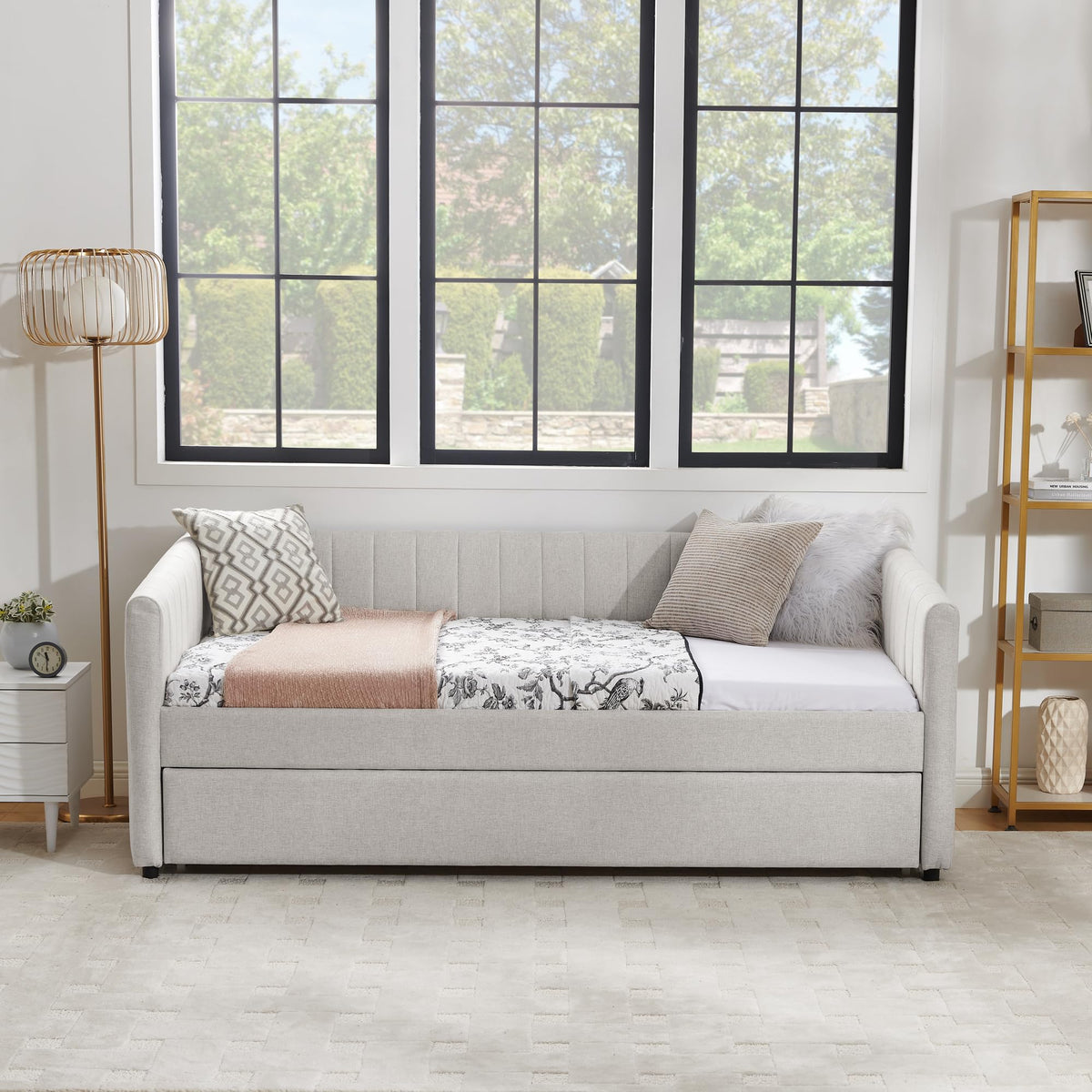 Twin Size Upholstered Linen Daybed with Trundle Y290657
