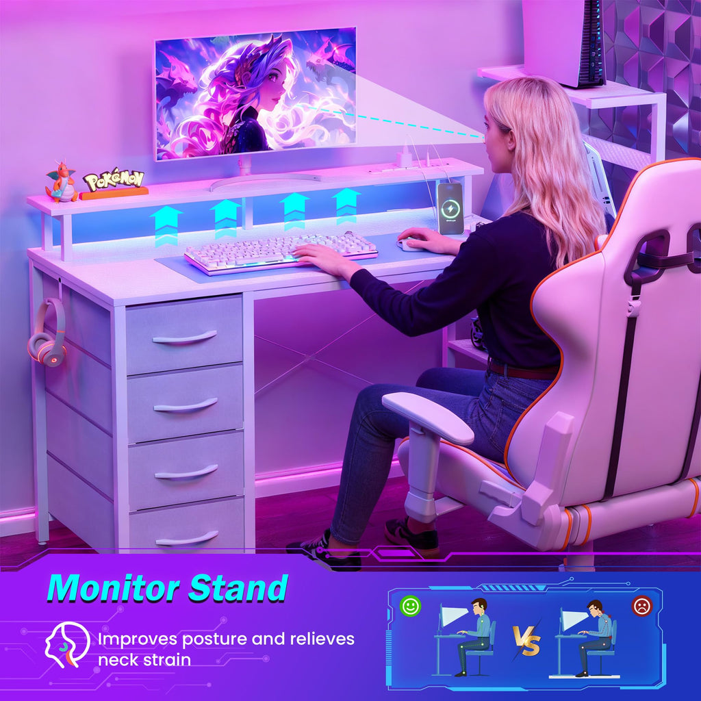 51 Inch White Gaming Desk with Drawers F3056