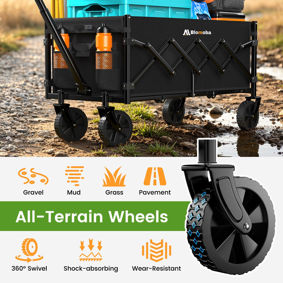 35" Extra Long Folding Wagon with Adjustable Handle & Wheels, Black B87500