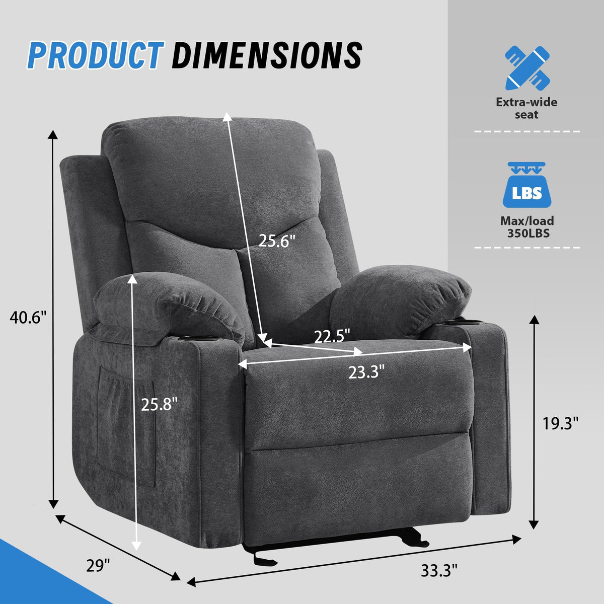Manual Rocker Recliner Chair with Massage, Dark Grey B8696