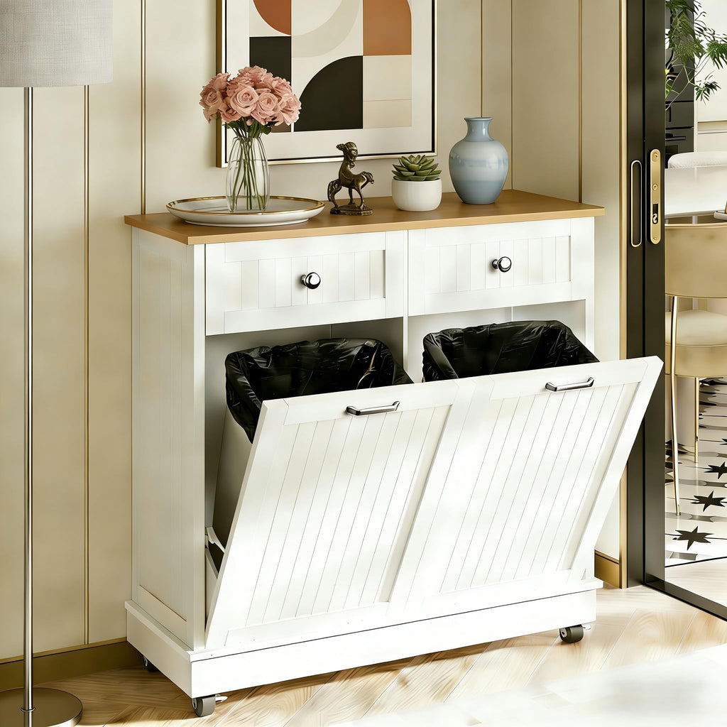 White 20 Gallons Tilt-Out Trash Can Cabinet D5735