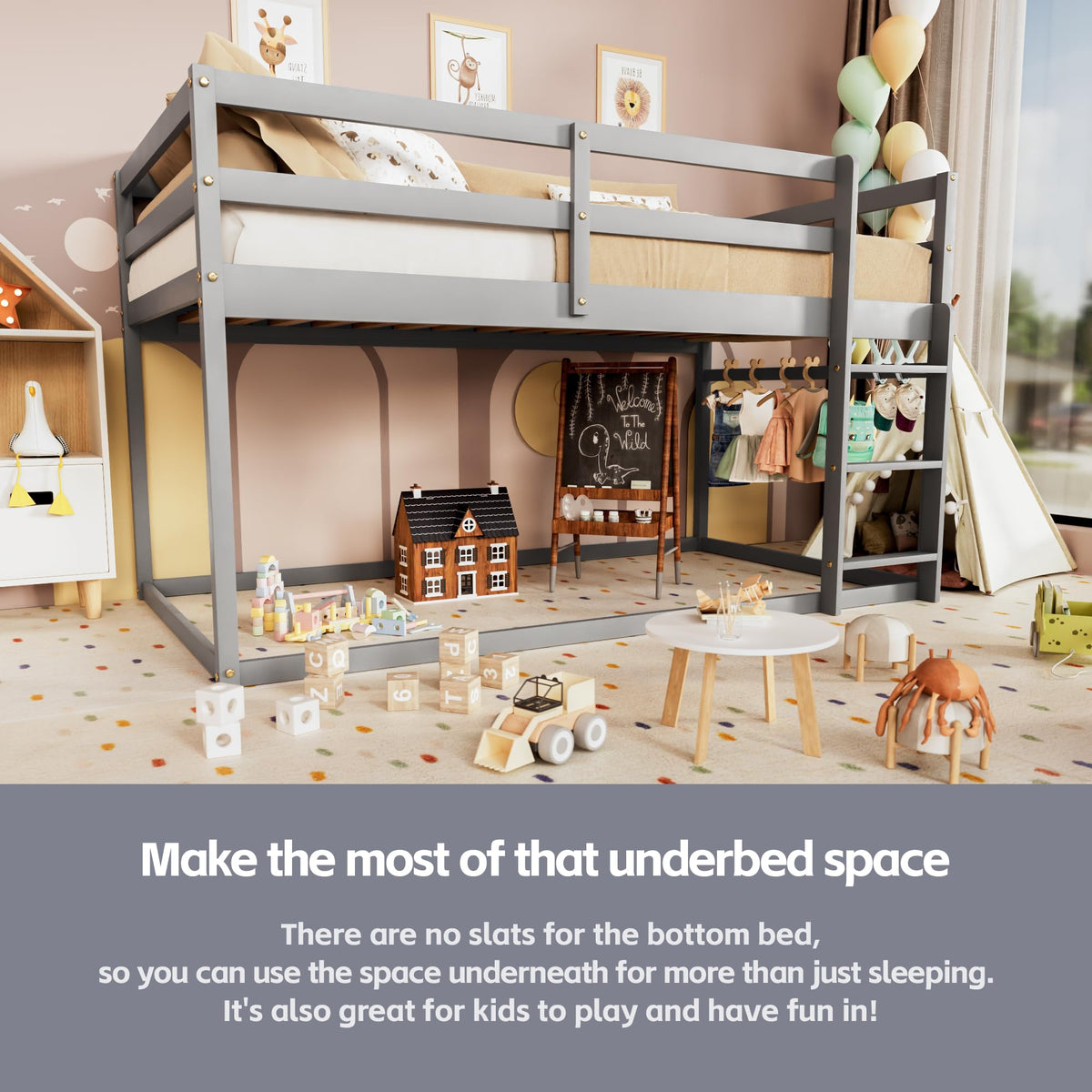 Low Twin Over Twin Wooden Bunk Bed with Ladder and Guardrails Q610992