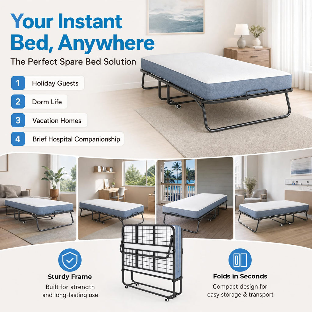 Folding Bed with 5" Foam Mattress Queen Size Metal Frame Y44022