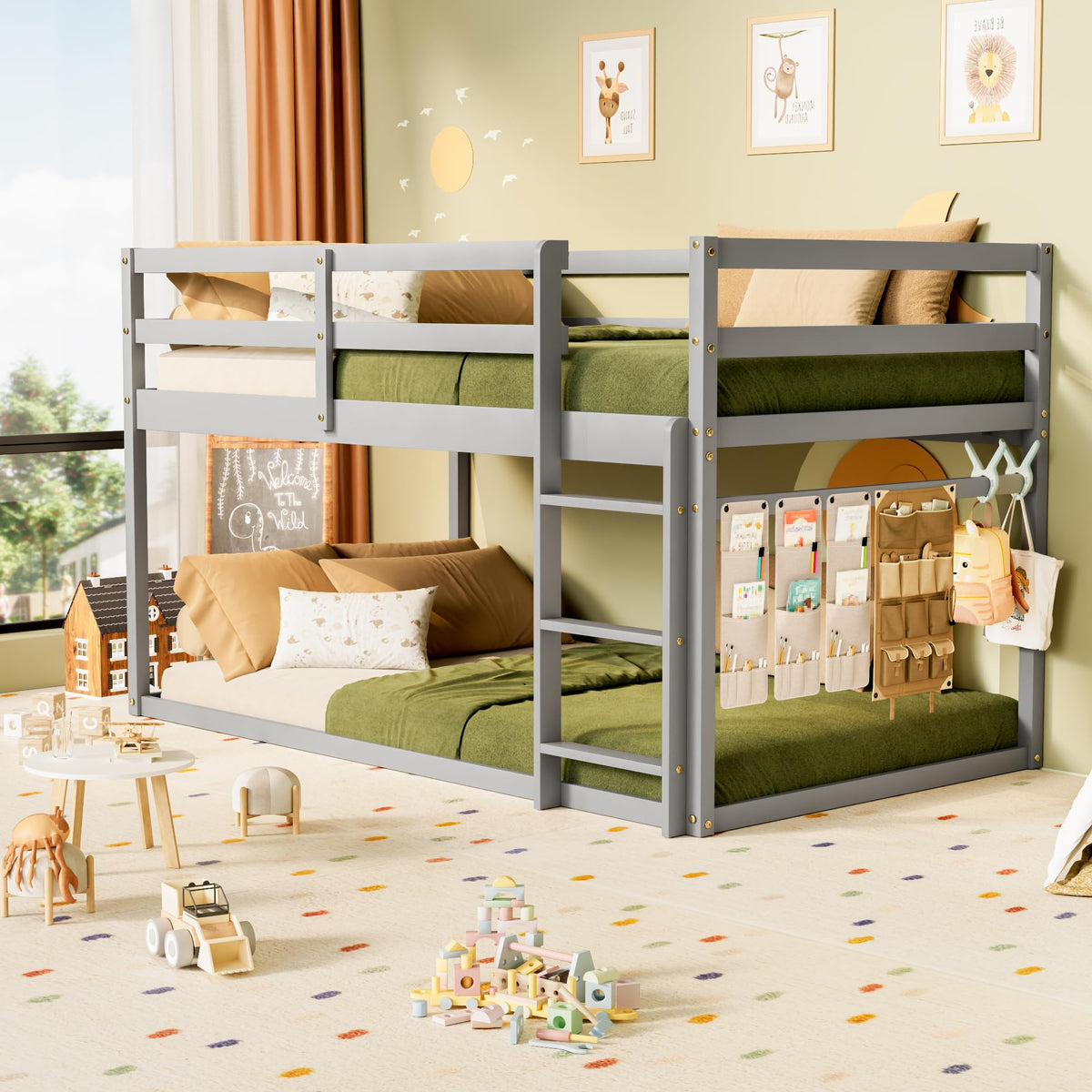 Low Twin Over Twin Wooden Bunk Bed with Ladder and Guardrails Q610992