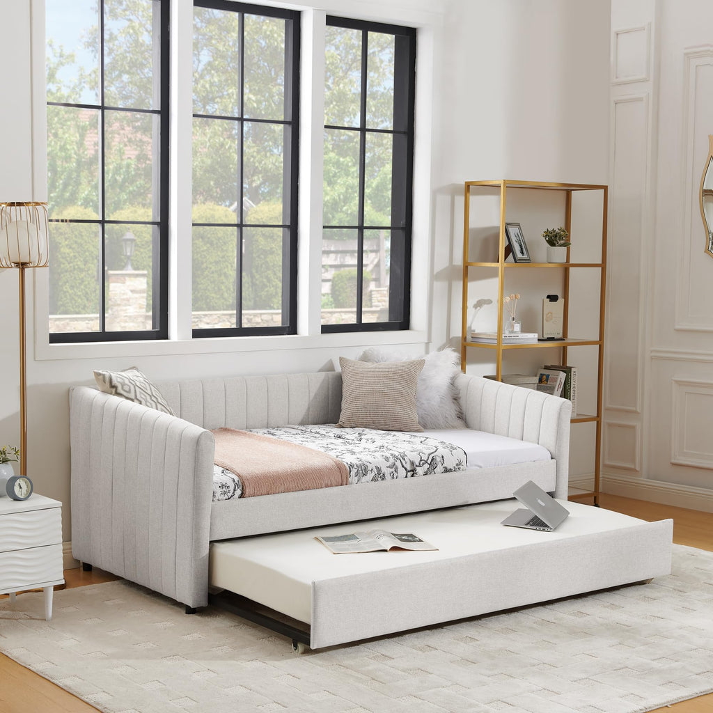 Twin Size Upholstered Linen Daybed with Trundle Y290657