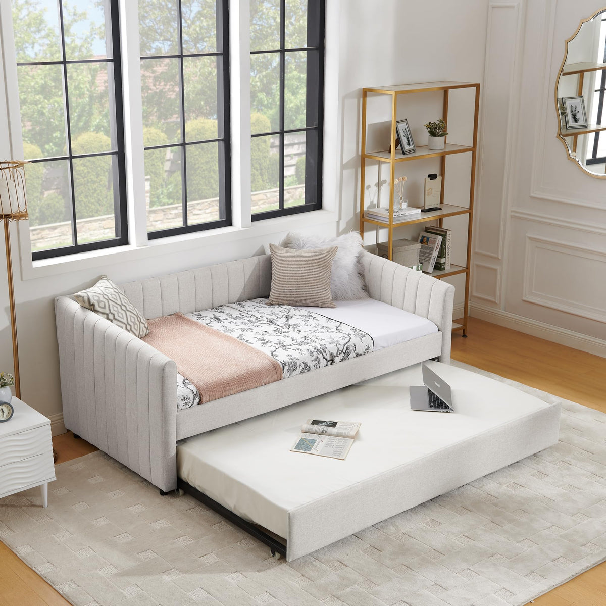 Twin Size Upholstered Linen Daybed with Trundle Y290657