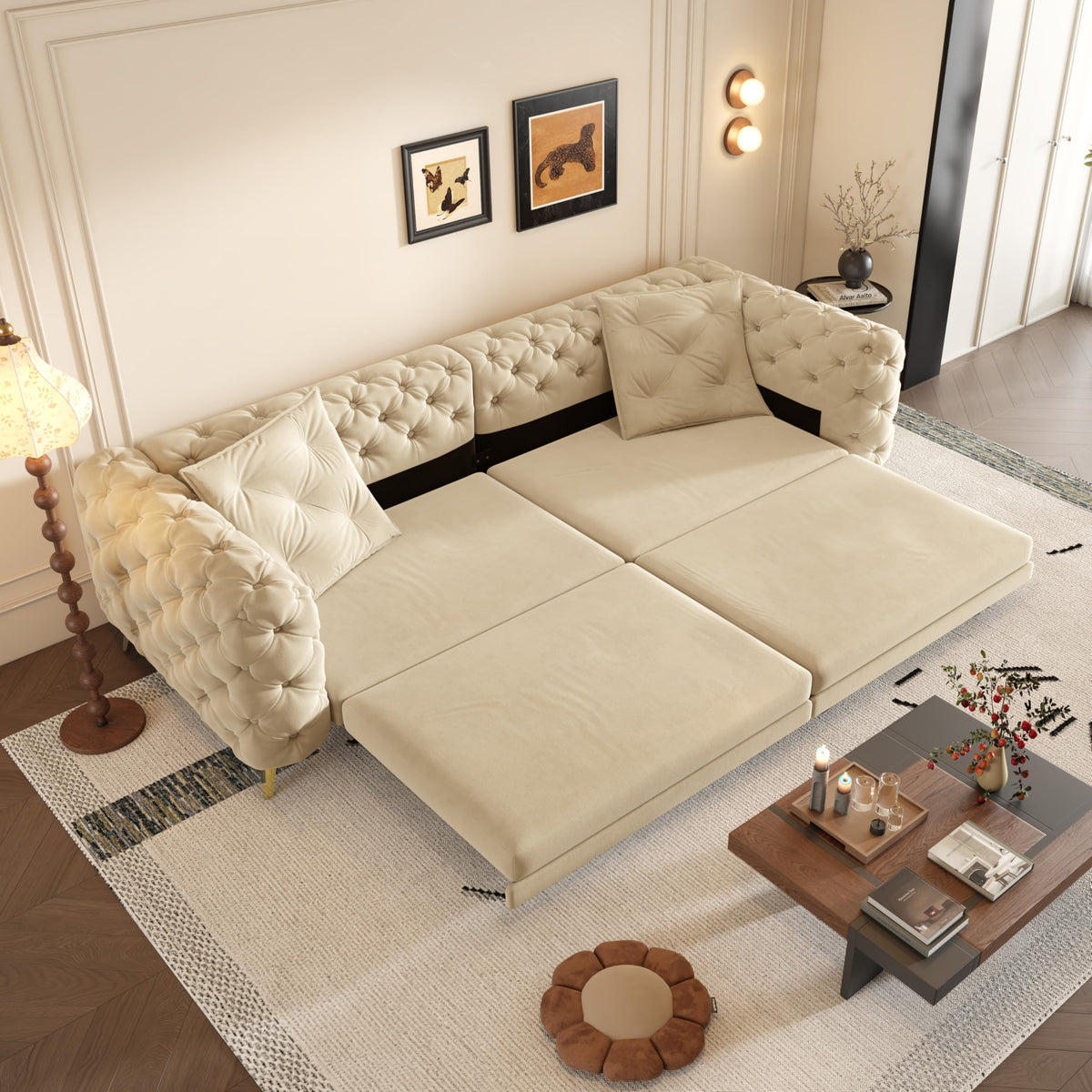 Velvet 3-in-1 Convertible Sleeper Sofa with Movable Ottoman V404