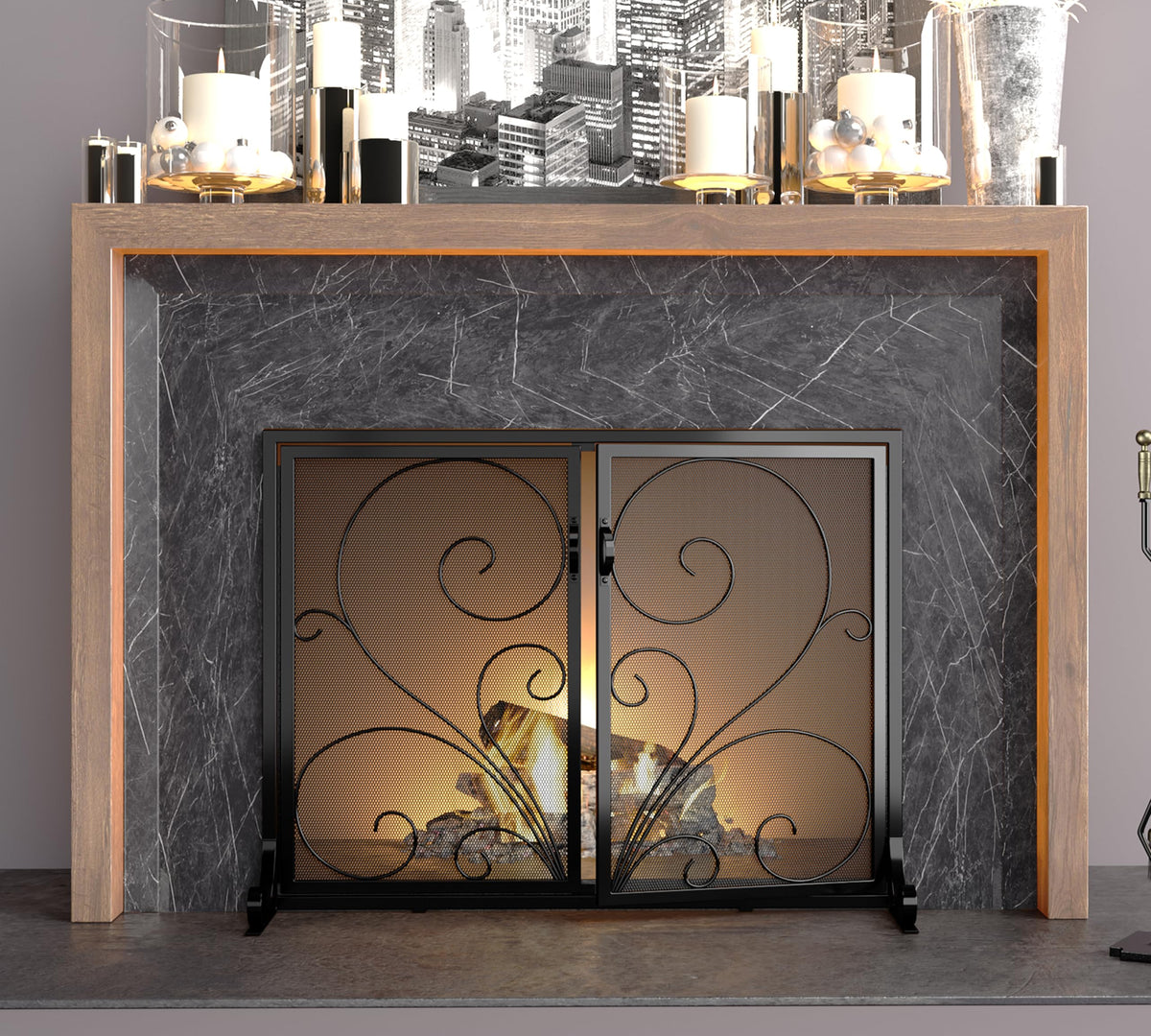 Black Metal Mesh Fireplace Screen with Double Doors Y4433