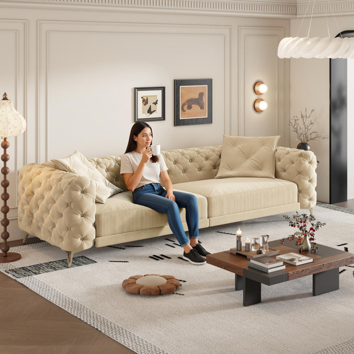 Velvet 3-in-1 Convertible Sleeper Sofa with Movable Ottoman V404
