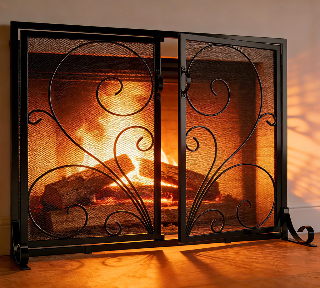 Black Metal Mesh Fireplace Screen with Double Doors Y4433