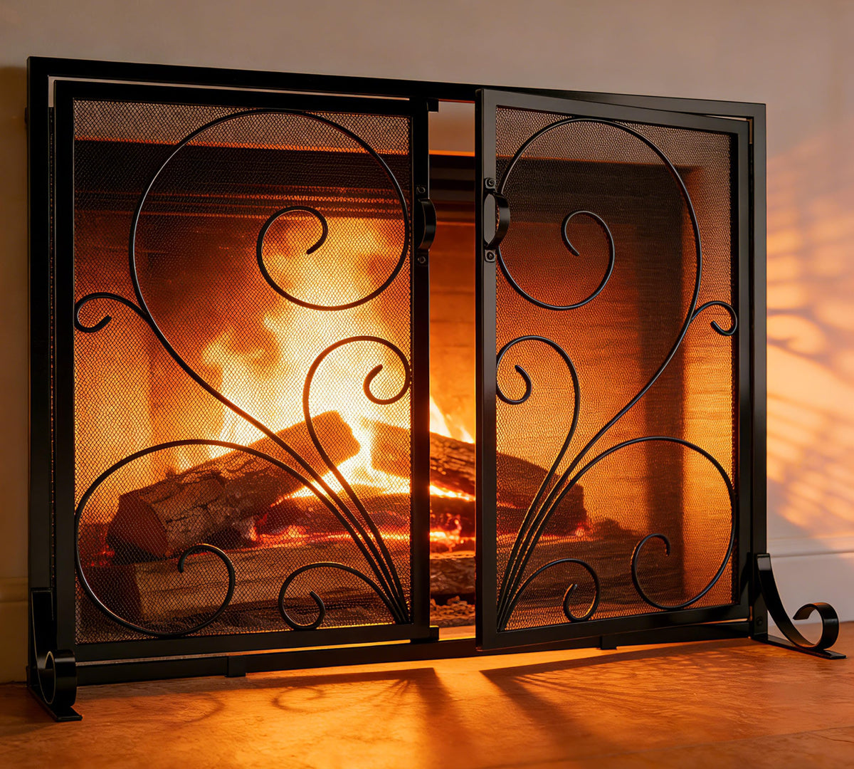 Black Metal Mesh Fireplace Screen with Double Doors Y4433
