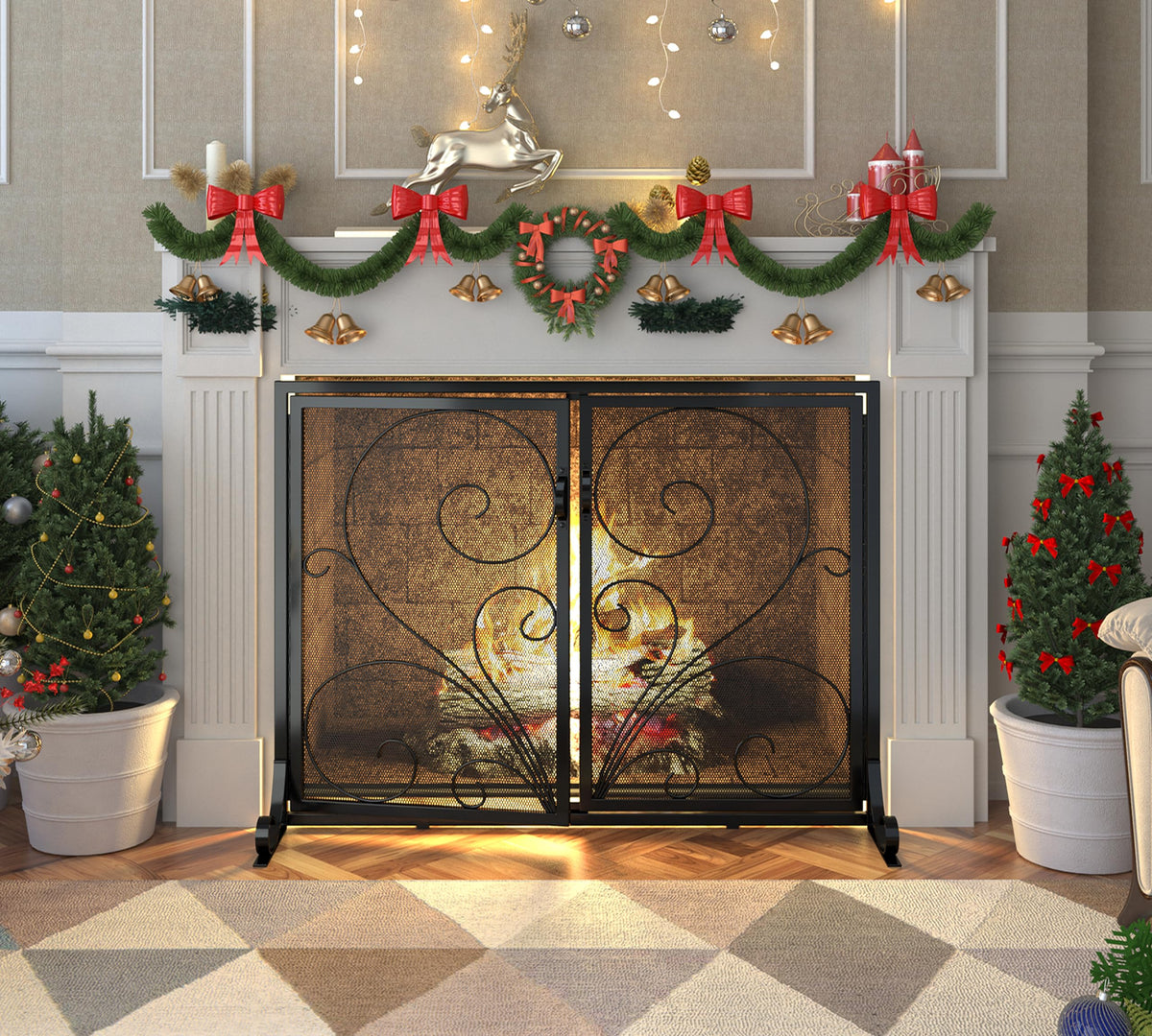 Black Metal Mesh Fireplace Screen with Double Doors Y4433