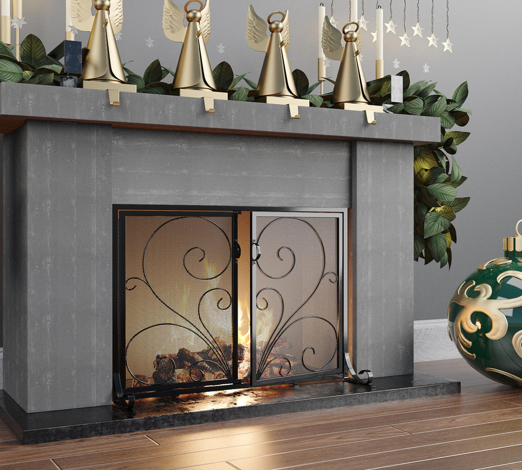 Black Metal Mesh Fireplace Screen with Double Doors Y4433