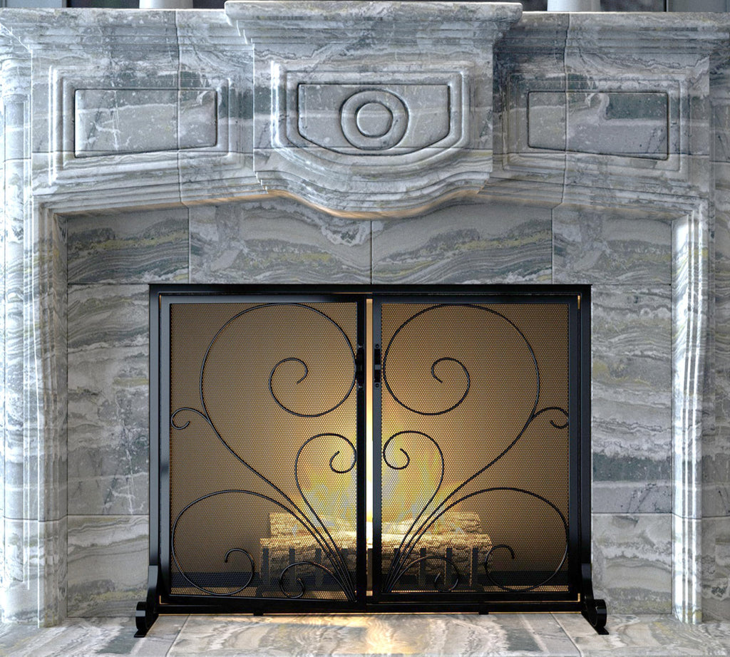 Black Metal Mesh Fireplace Screen with Double Doors Y4433