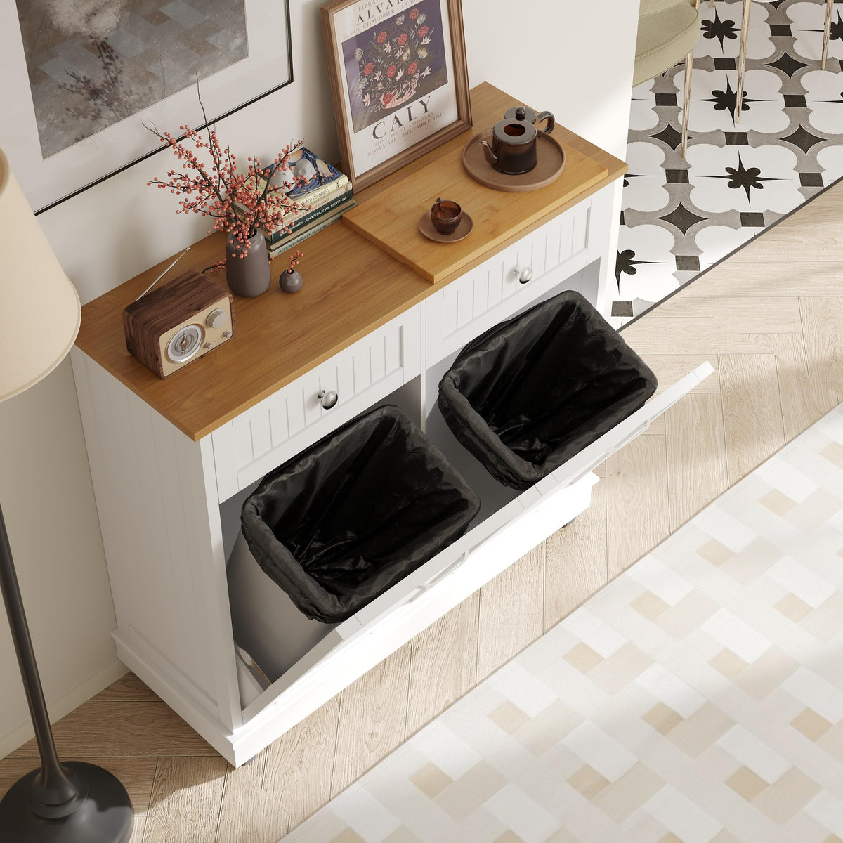 White 20 Gallons Tilt-Out Trash Can Cabinet D5735