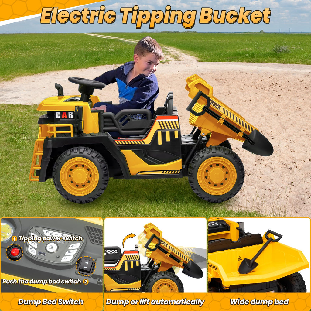 24V 2 Seater Ride on Dump Truck with 400W Motors, Yellow L4737