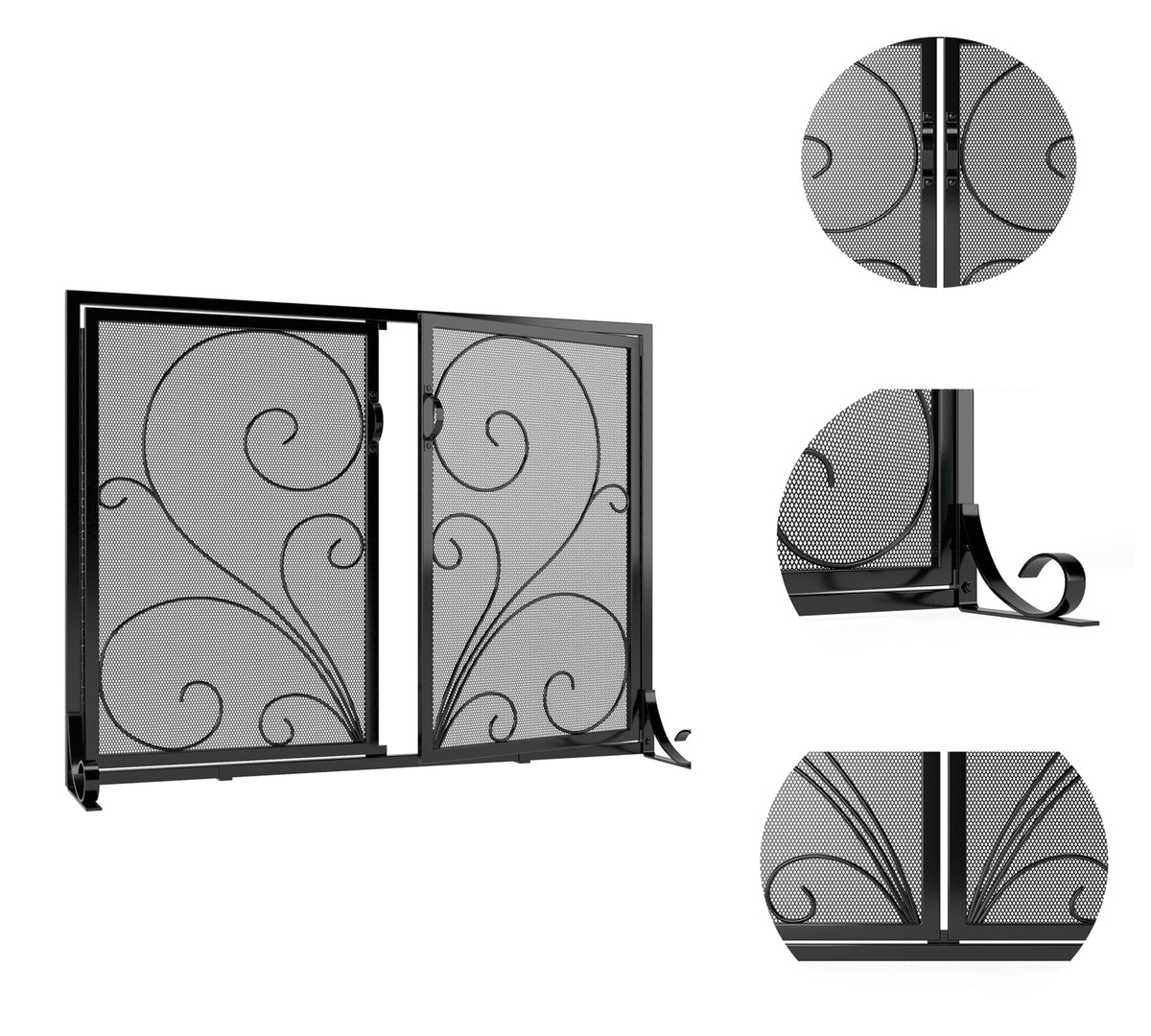 Black Metal Mesh Fireplace Screen with Double Doors Y4433