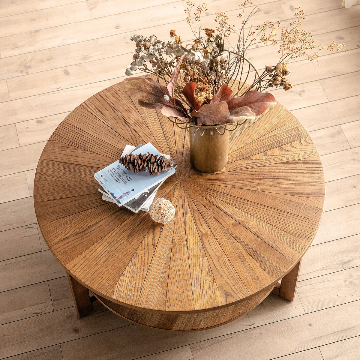 35" Round 2 Tier Wood Coffee Table with Storage Shelf C71124